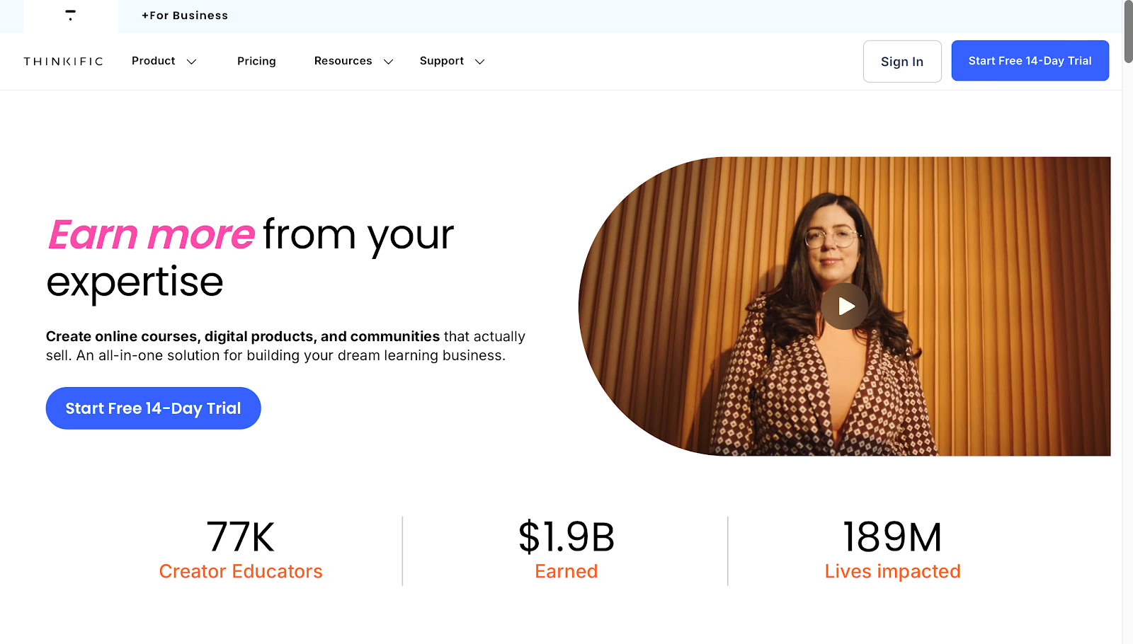 Thinkific's homepage titled "Earn more from your expertise"
